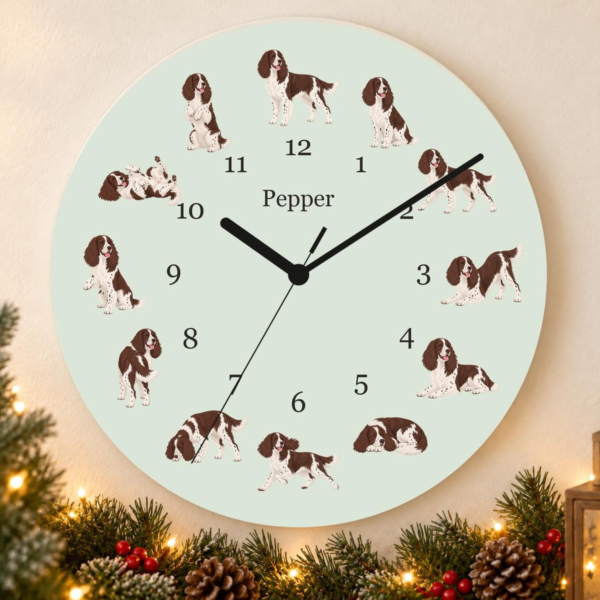 Personalized English Springer Spaniel wooden wall clock with example name Pepper; holiday