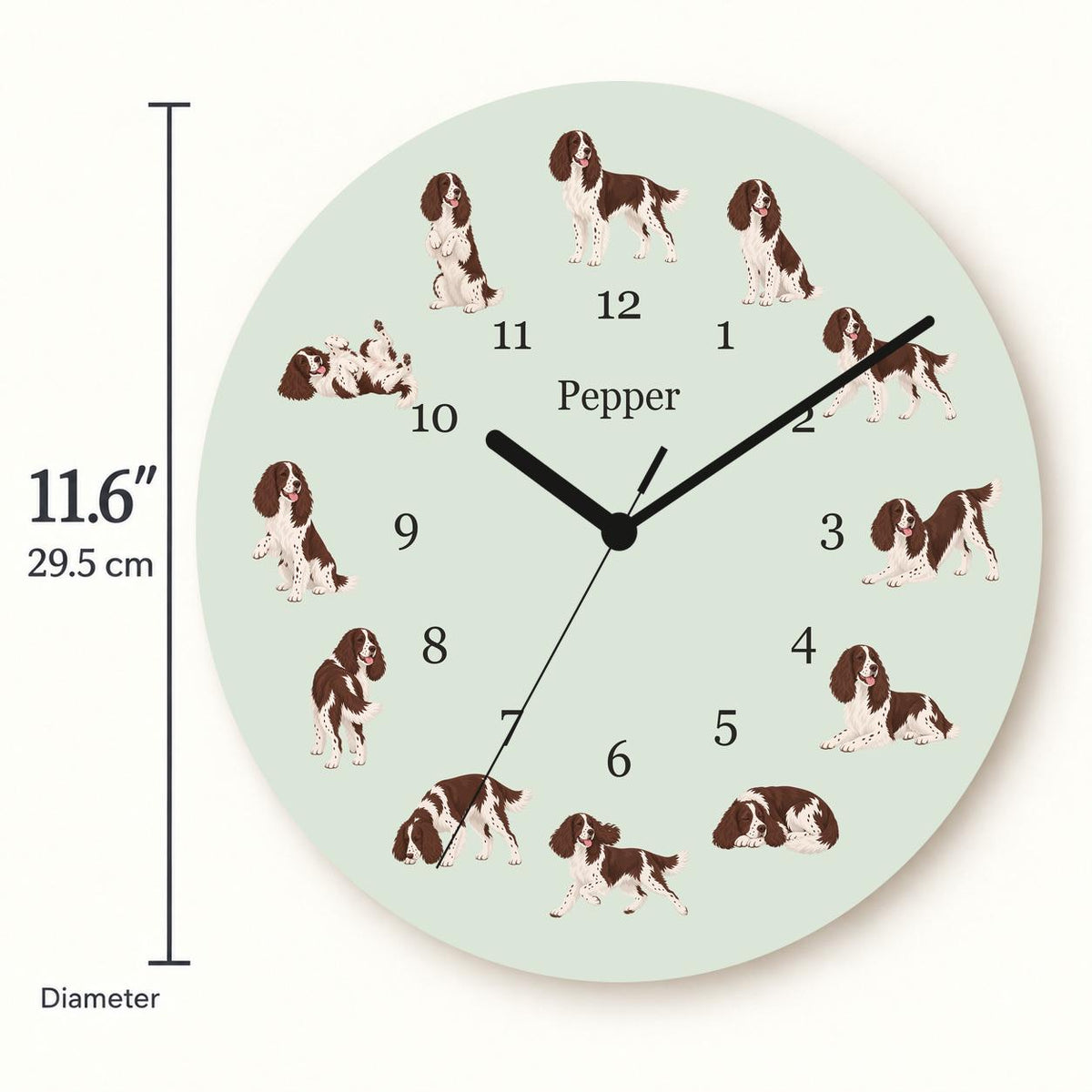 Personalized English Springer Spaniel wooden wall clock with example name Pepper; size