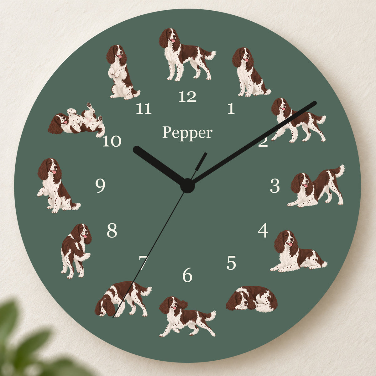 Personalized English Springer Spaniel Wall Clock, Custom Pet Name, 11.6 Inch Wooden Clock — Deep Sage background