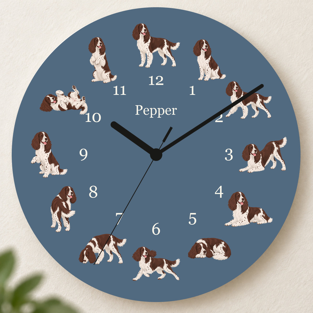 Personalized English Springer Spaniel Wall Clock, Custom Pet Name, 11.6 Inch Wooden Clock — Muted Denim background