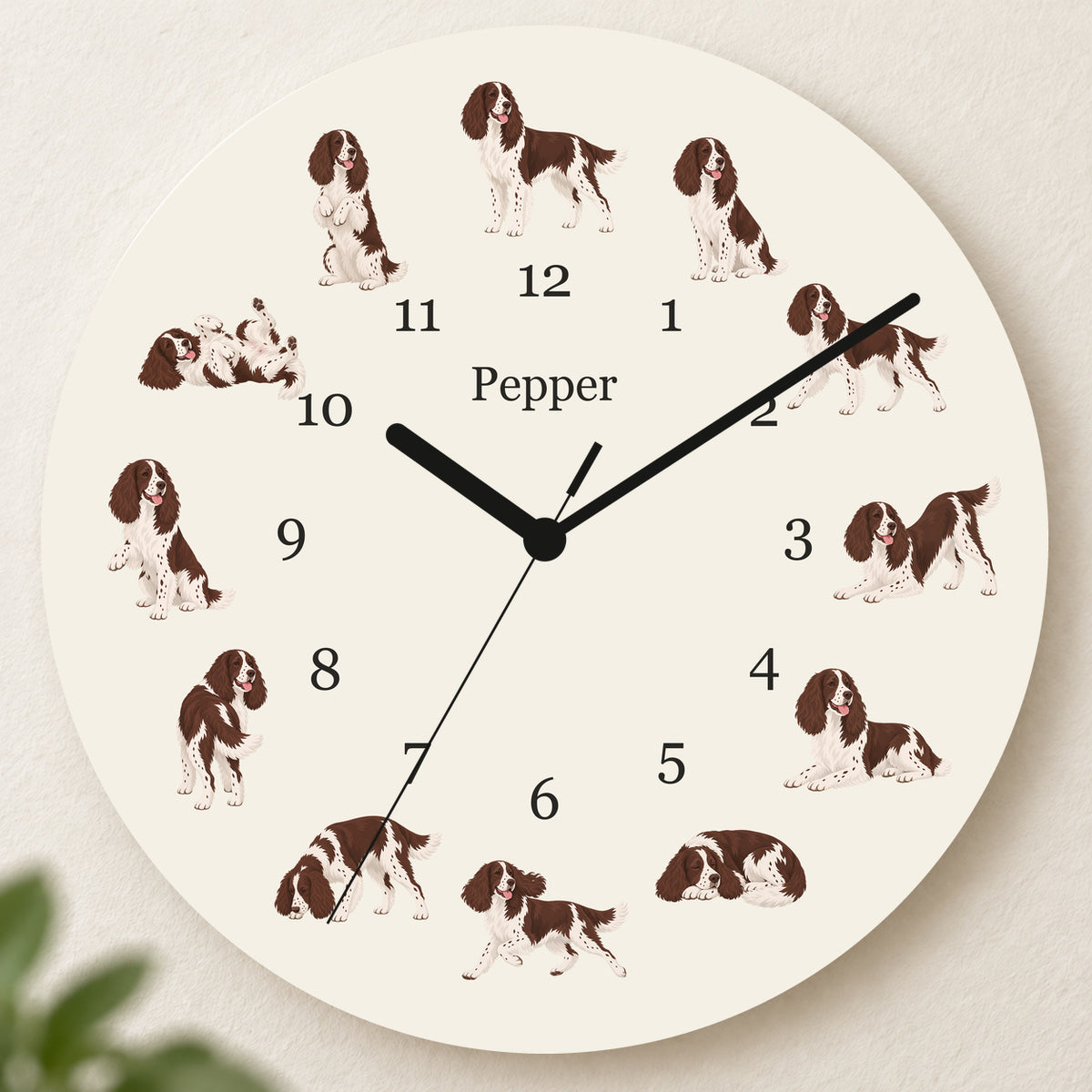 Personalized English Springer Spaniel Wall Clock, Custom Pet Name, 11.6 Inch Wooden Clock — Warm Ivory background