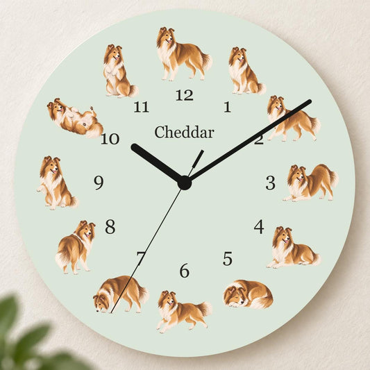 Personalized Shetland Sheepdog wooden wall clock with example name Cheddar; hero