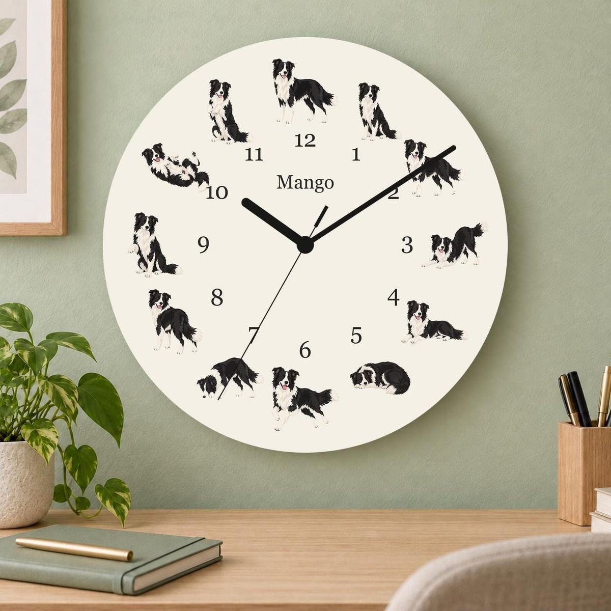 Personalized Border Collie wooden wall clock with example name Mango; home office