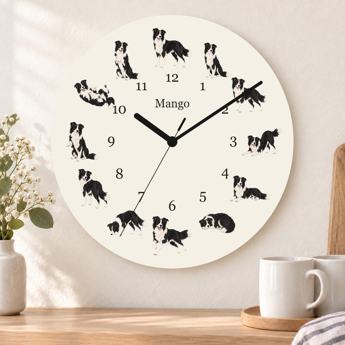 Personalized Border Collie wooden wall clock with example name Mango; kitchen
