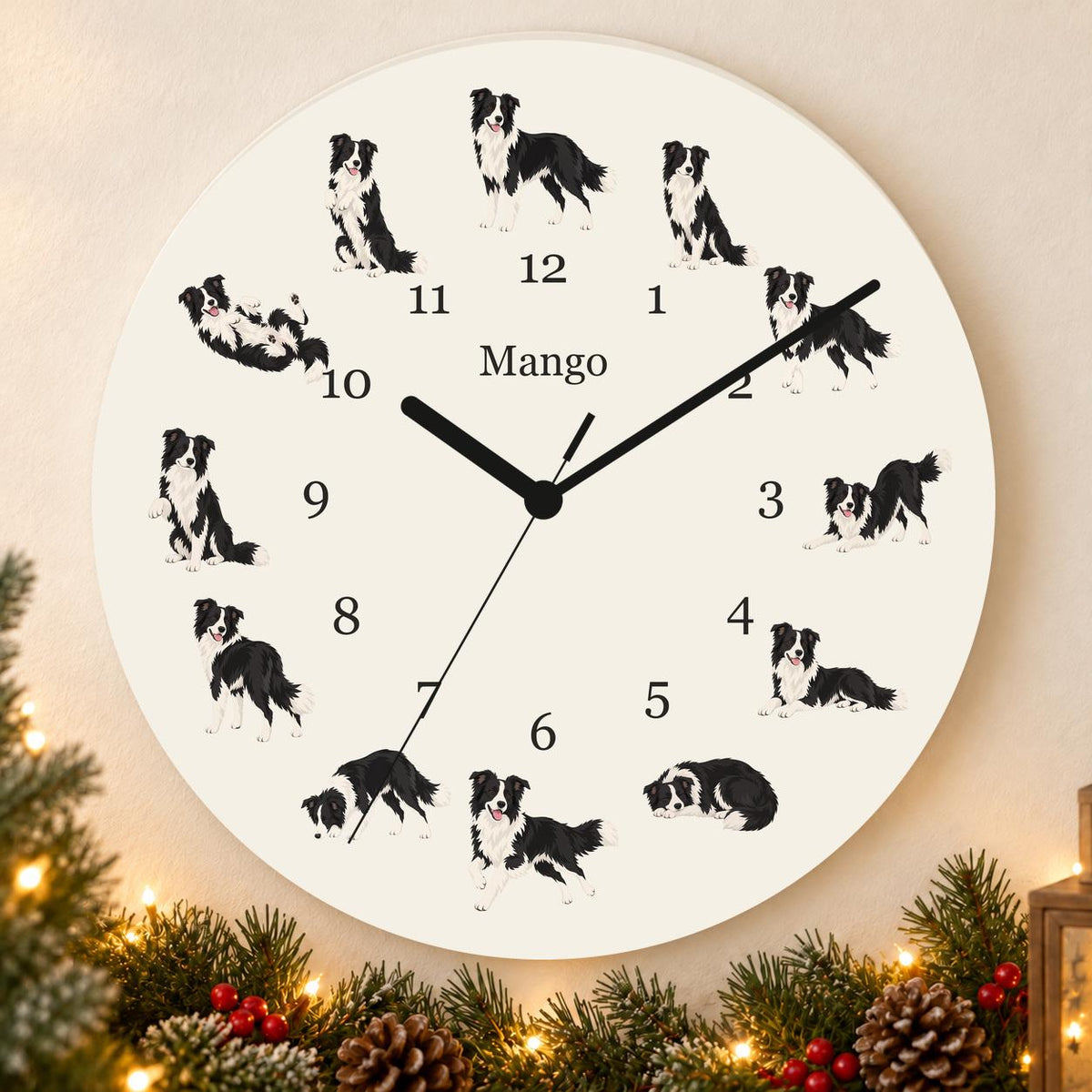 Personalized Border Collie wooden wall clock with example name Mango; holiday