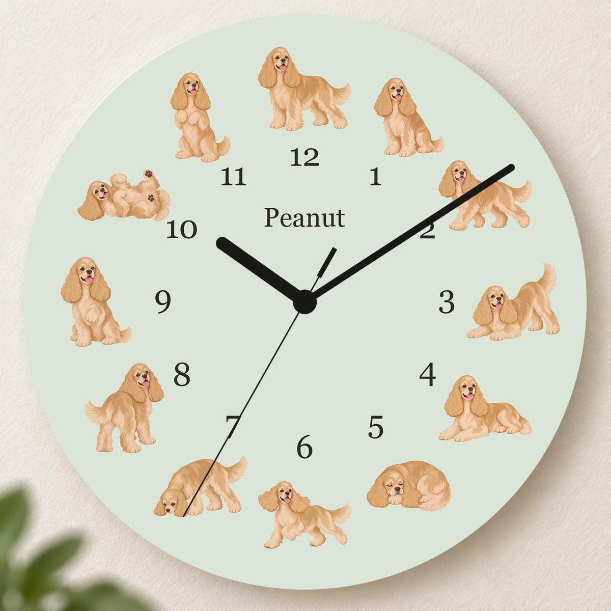 Personalized Cocker Spaniel wooden wall clock with example name Peanut; hero