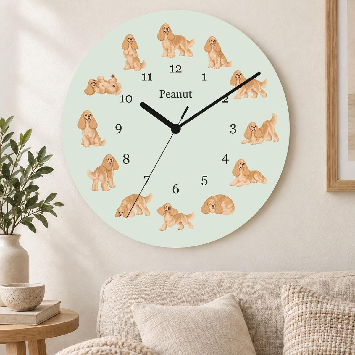 Personalized Cocker Spaniel wooden wall clock with example name Peanut; living room