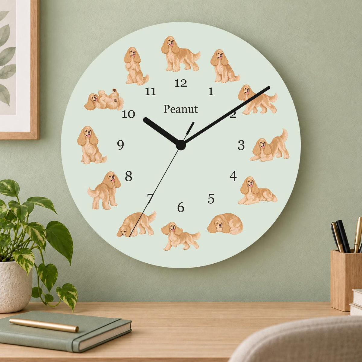 Personalized Cocker Spaniel wooden wall clock with example name Peanut; home office