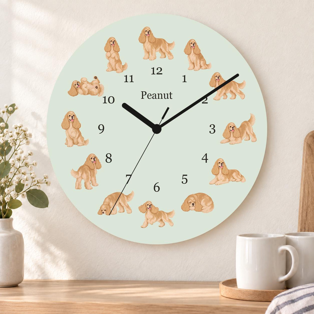Personalized Cocker Spaniel wooden wall clock with example name Peanut; kitchen