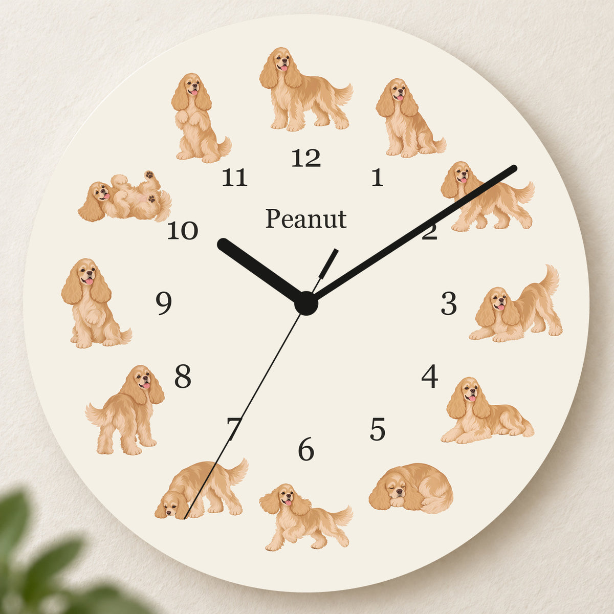 Personalized Cocker Spaniel Wall Clock, Custom Pet Name, 11.6 Inch Wooden Clock — Warm Ivory background