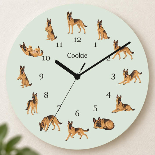 Personalized Belgian Malinois wooden wall clock with example name Cookie; hero