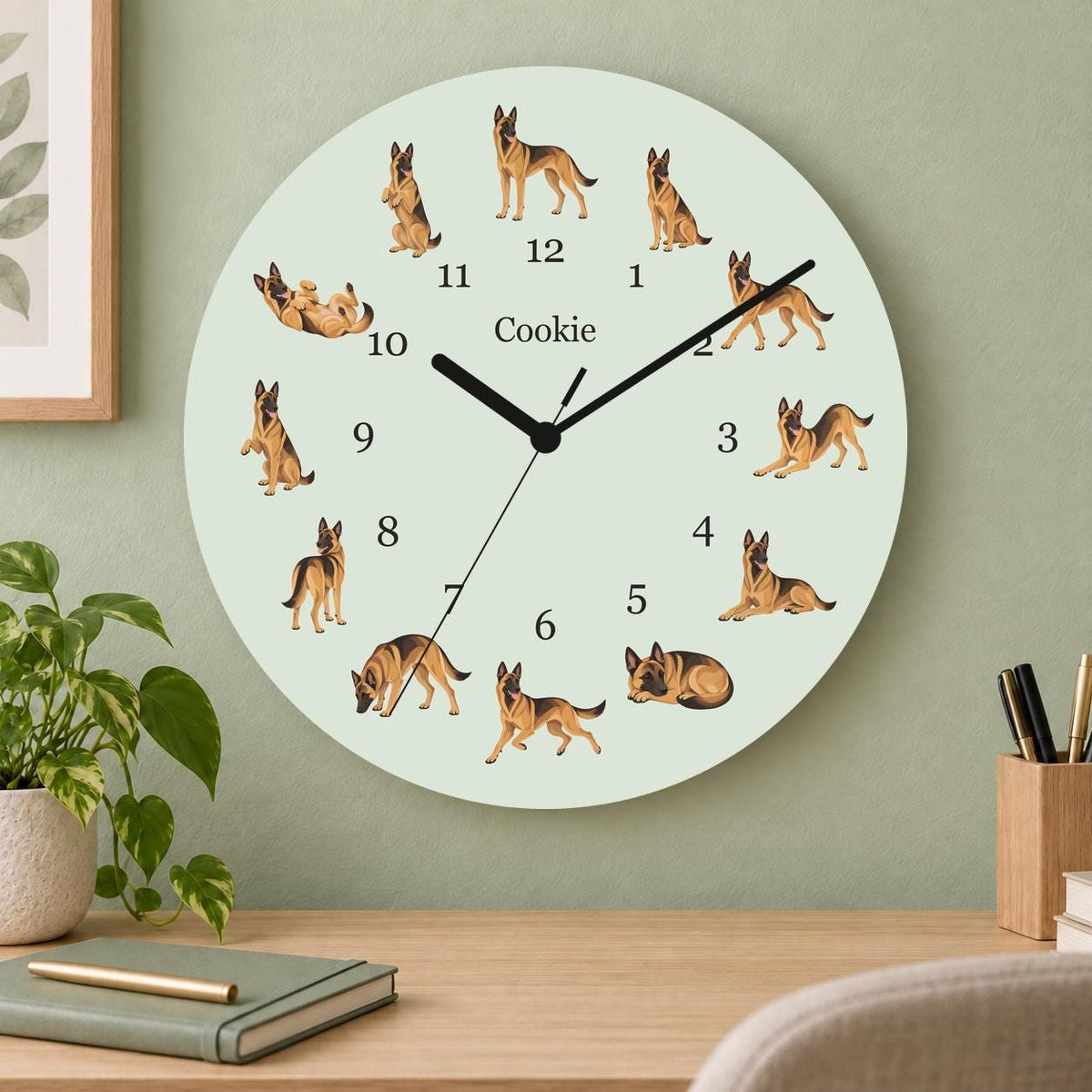 Personalized Belgian Malinois wooden wall clock with example name Cookie; home office