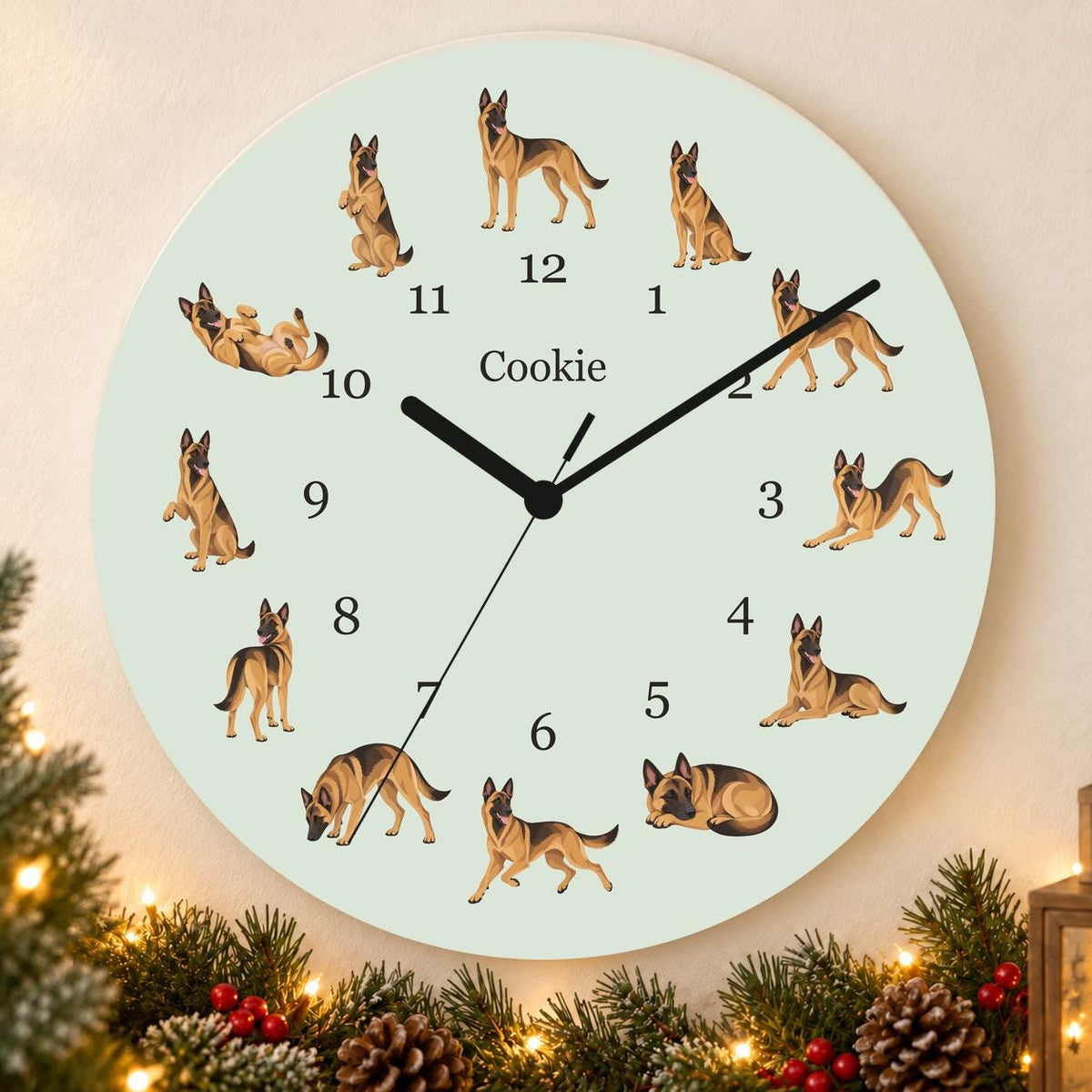 Personalized Belgian Malinois wooden wall clock with example name Cookie; holiday