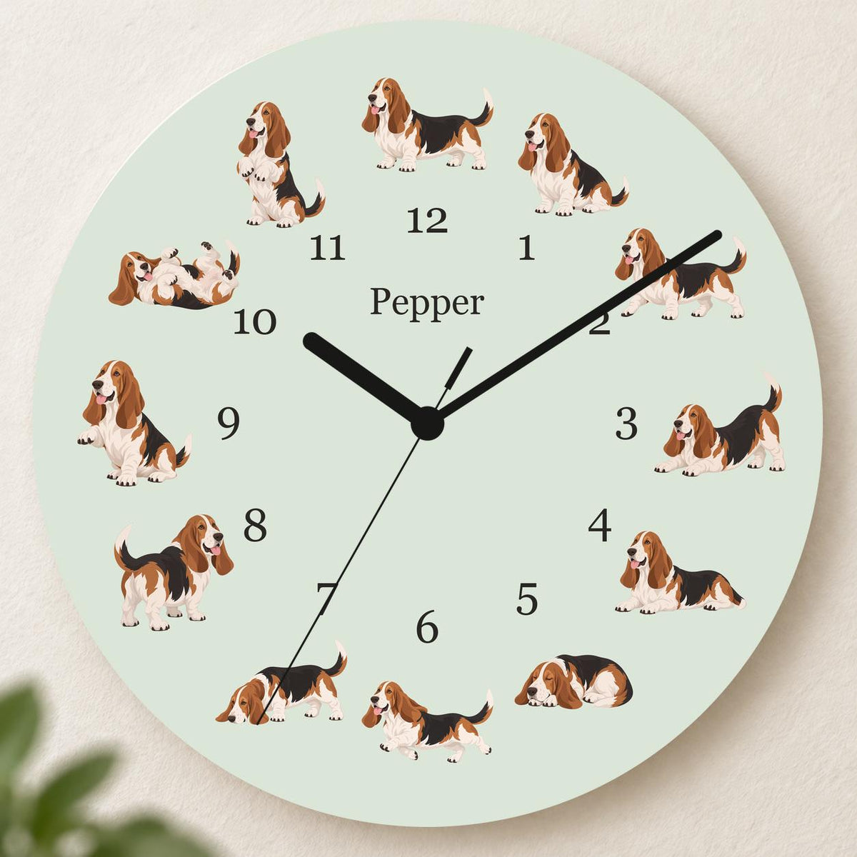 Personalized Basset Hound wooden wall clock with example name Pepper; hero