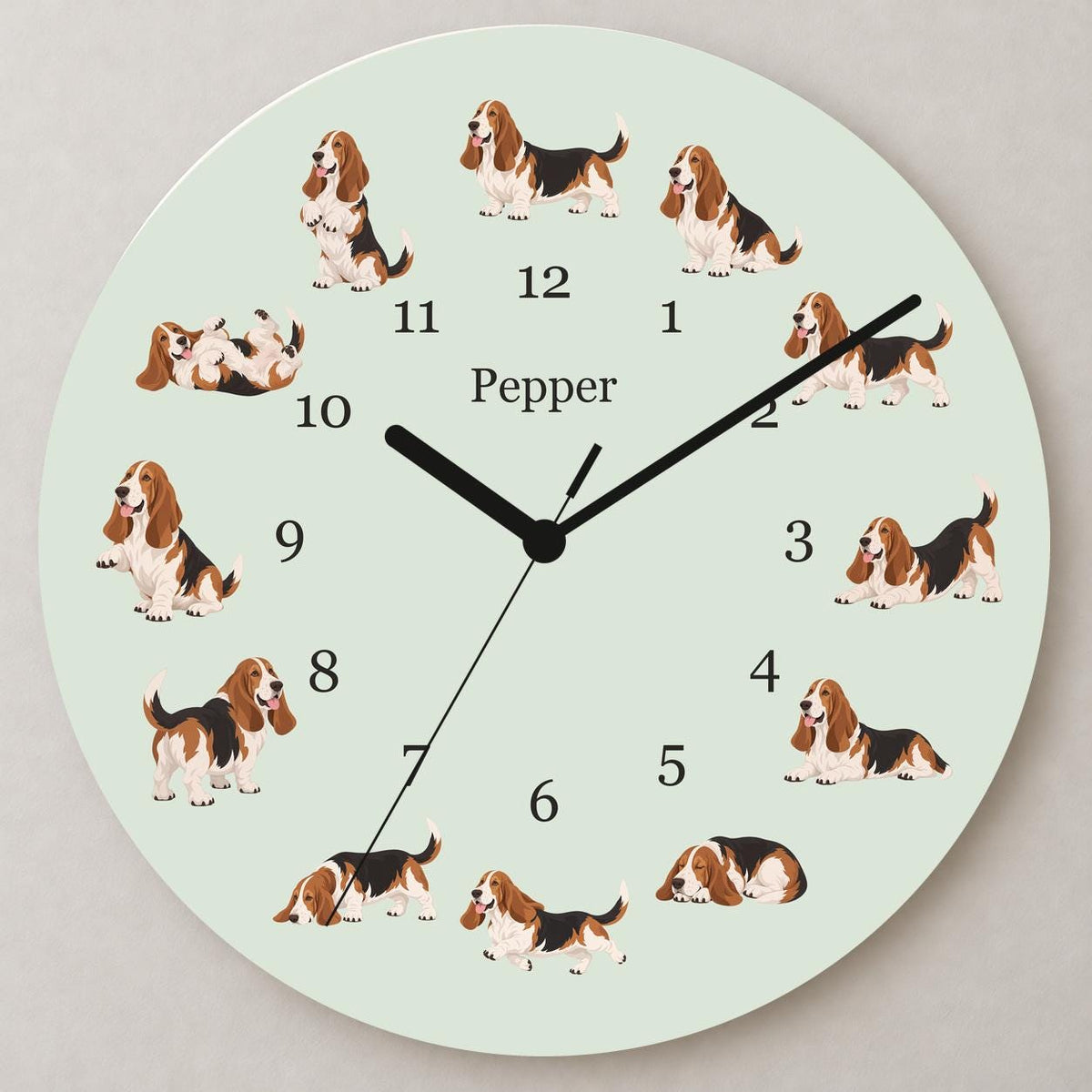 Personalized Basset Hound wooden wall clock with example name Pepper; close up
