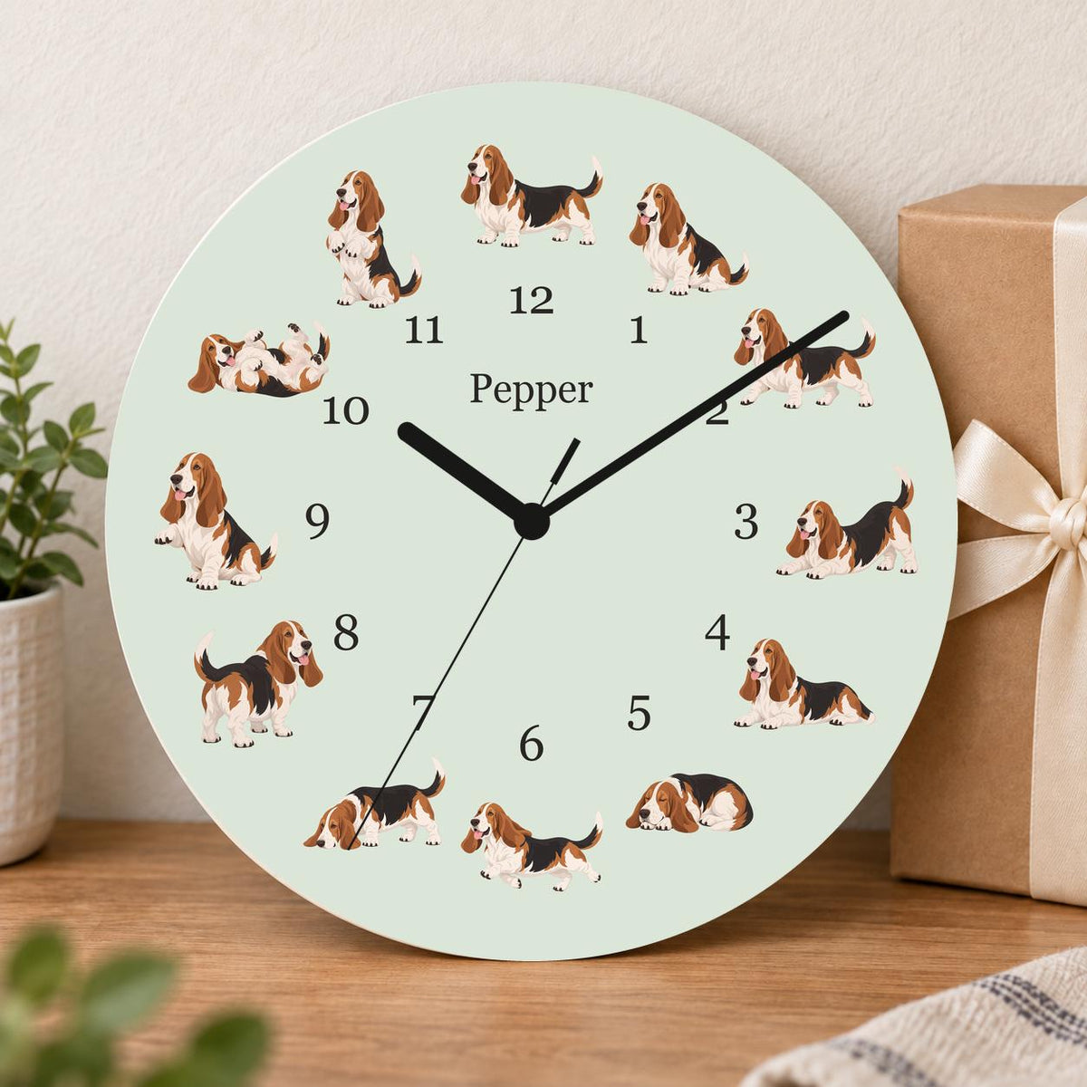 Personalized Basset Hound wooden wall clock with example name Pepper; gift