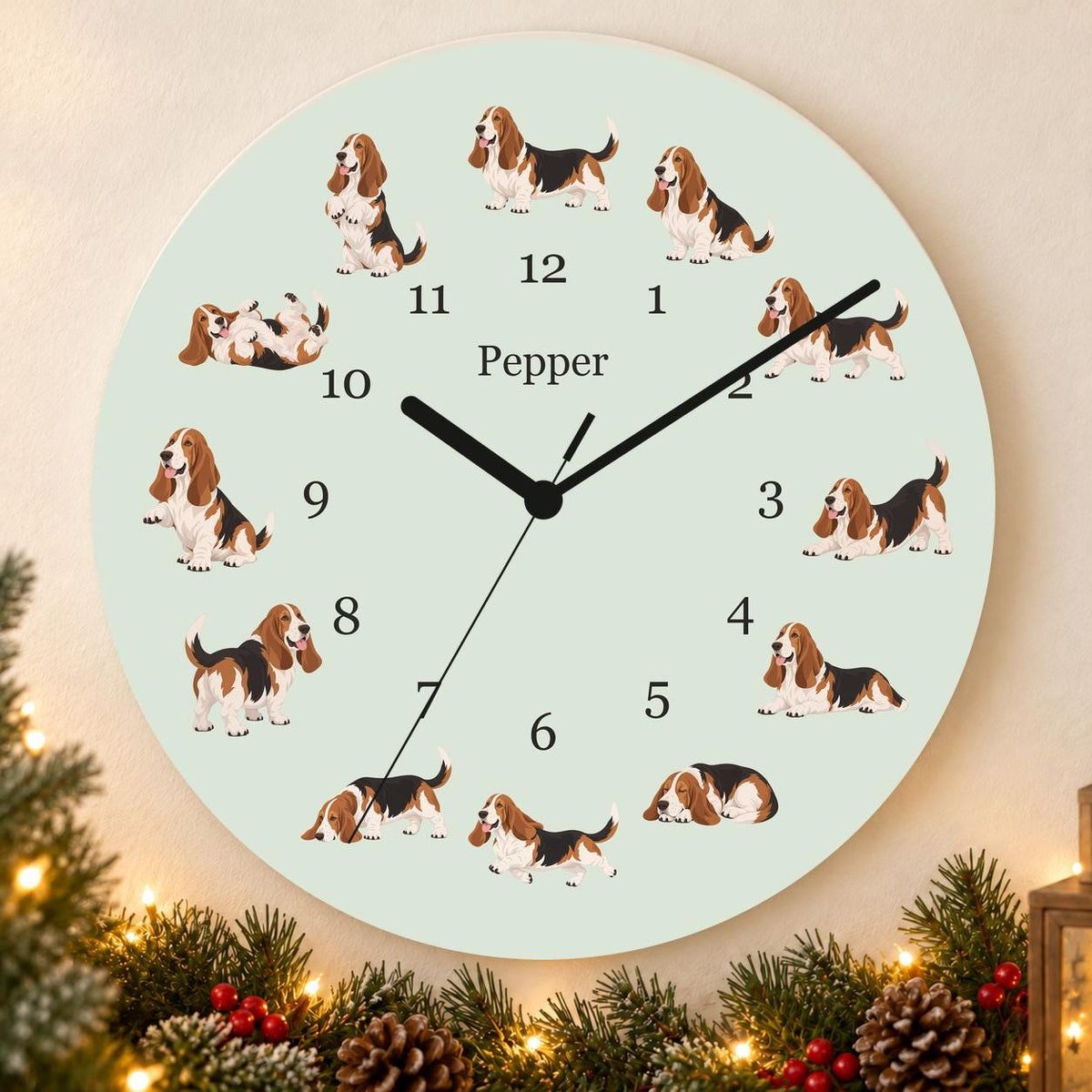 Personalized Basset Hound wooden wall clock with example name Pepper; holiday