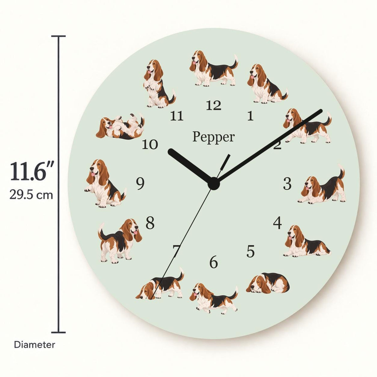 Personalized Basset Hound wooden wall clock with example name Pepper; size