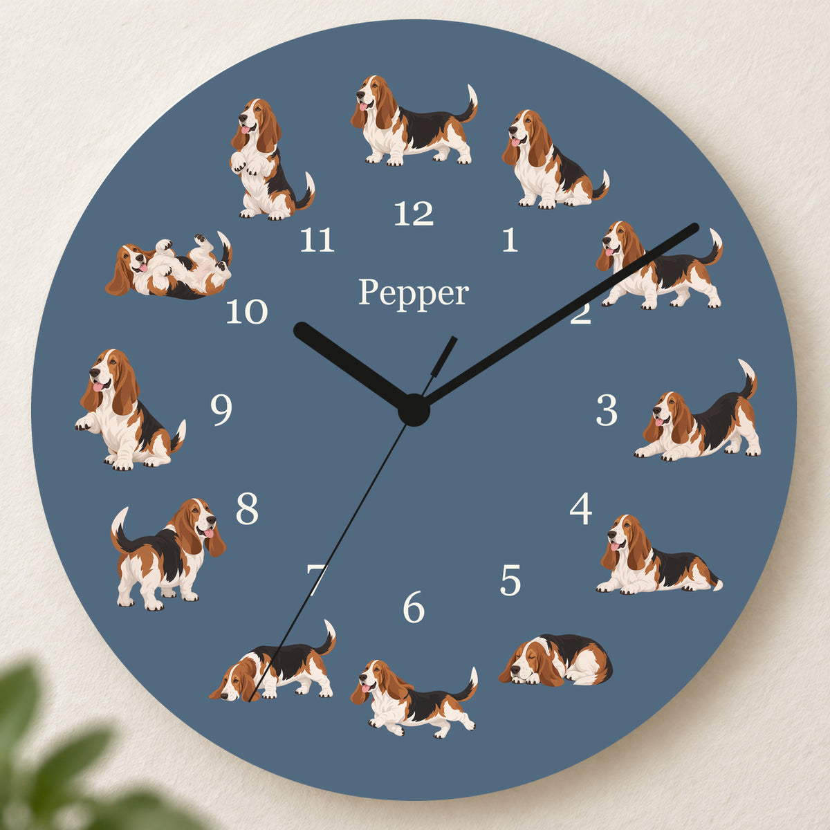 Personalized Basset Hound Wall Clock, Custom Pet Name, 11.6 Inch Wooden Clock — Muted Denim background