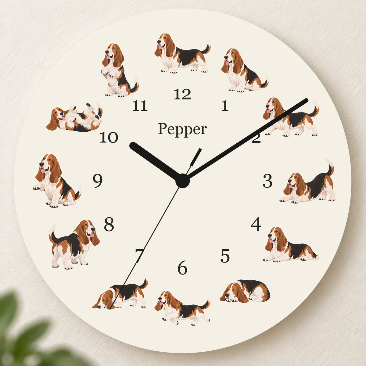 Personalized Basset Hound Wall Clock, Custom Pet Name, 11.6 Inch Wooden Clock — Warm Ivory background