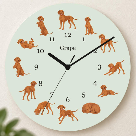 Personalized Vizsla wooden wall clock with example name Grape; hero