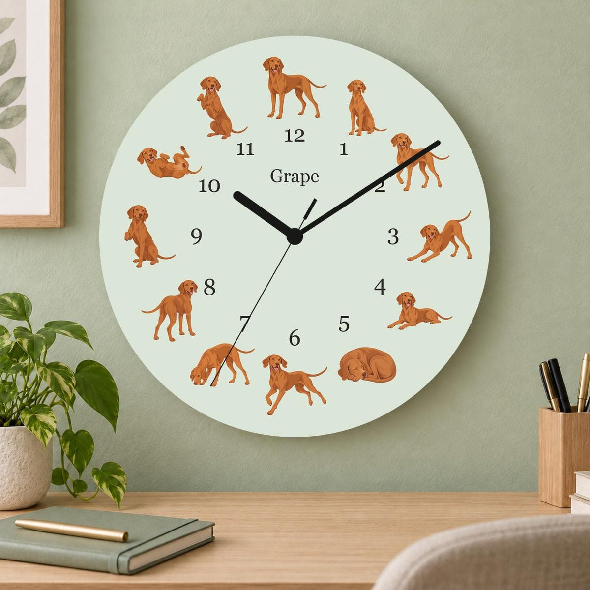 Personalized Vizsla wooden wall clock with example name Grape; home office