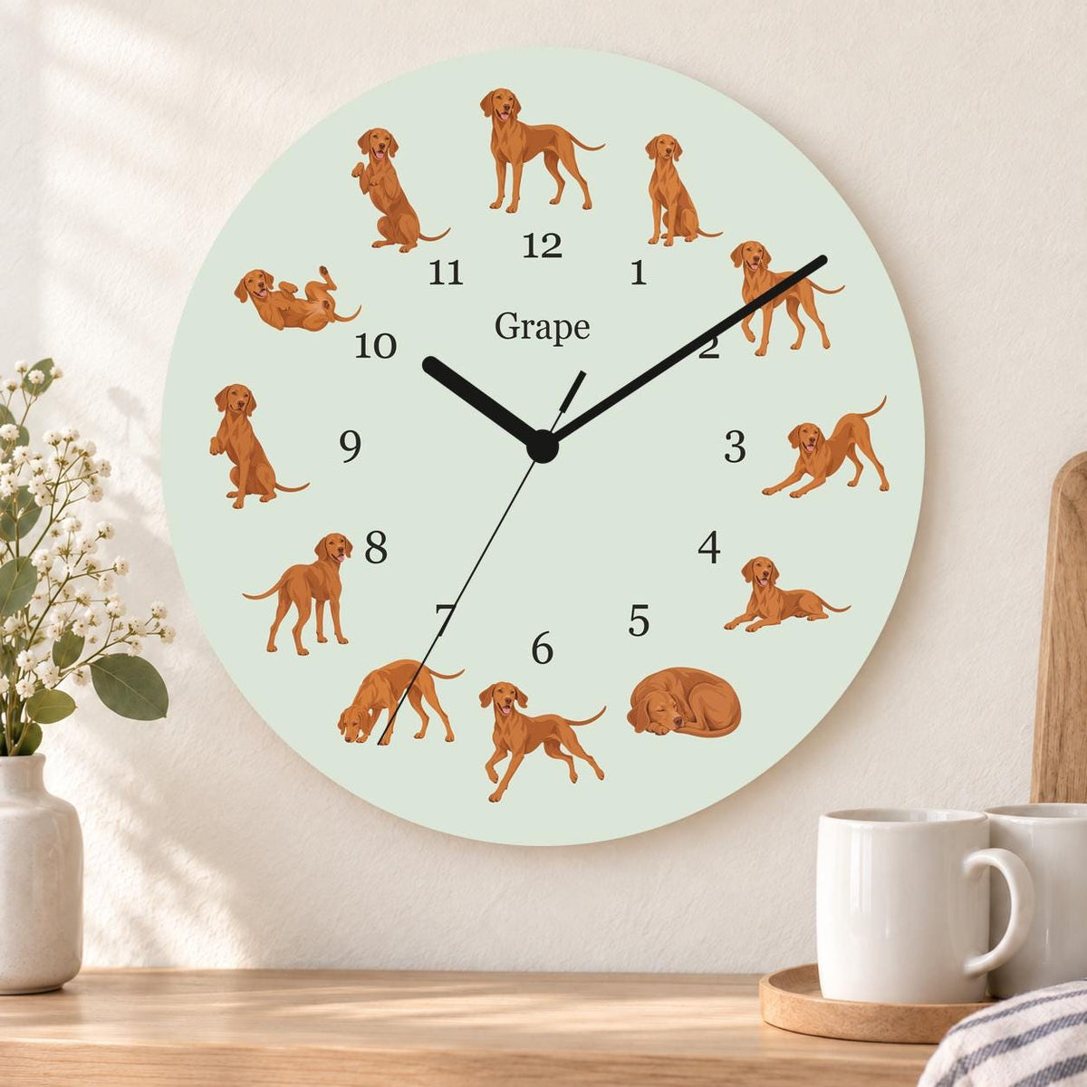 Personalized Vizsla wooden wall clock with example name Grape; kitchen