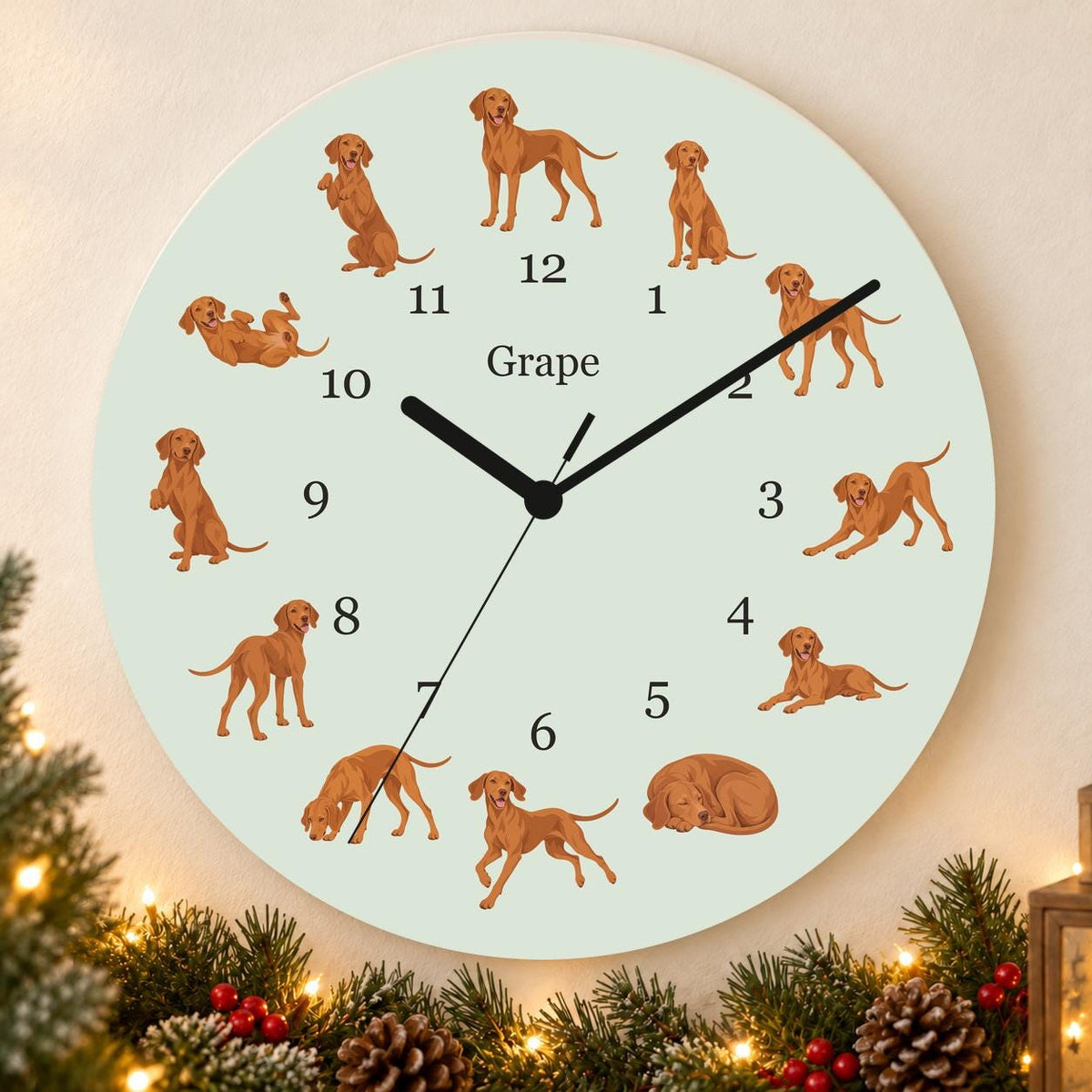 Personalized Vizsla wooden wall clock with example name Grape; holiday