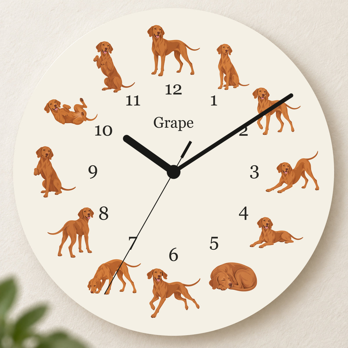 Personalized Vizsla Wall Clock, Custom Pet Name, 11.6 Inch Wooden Clock — Warm Ivory background