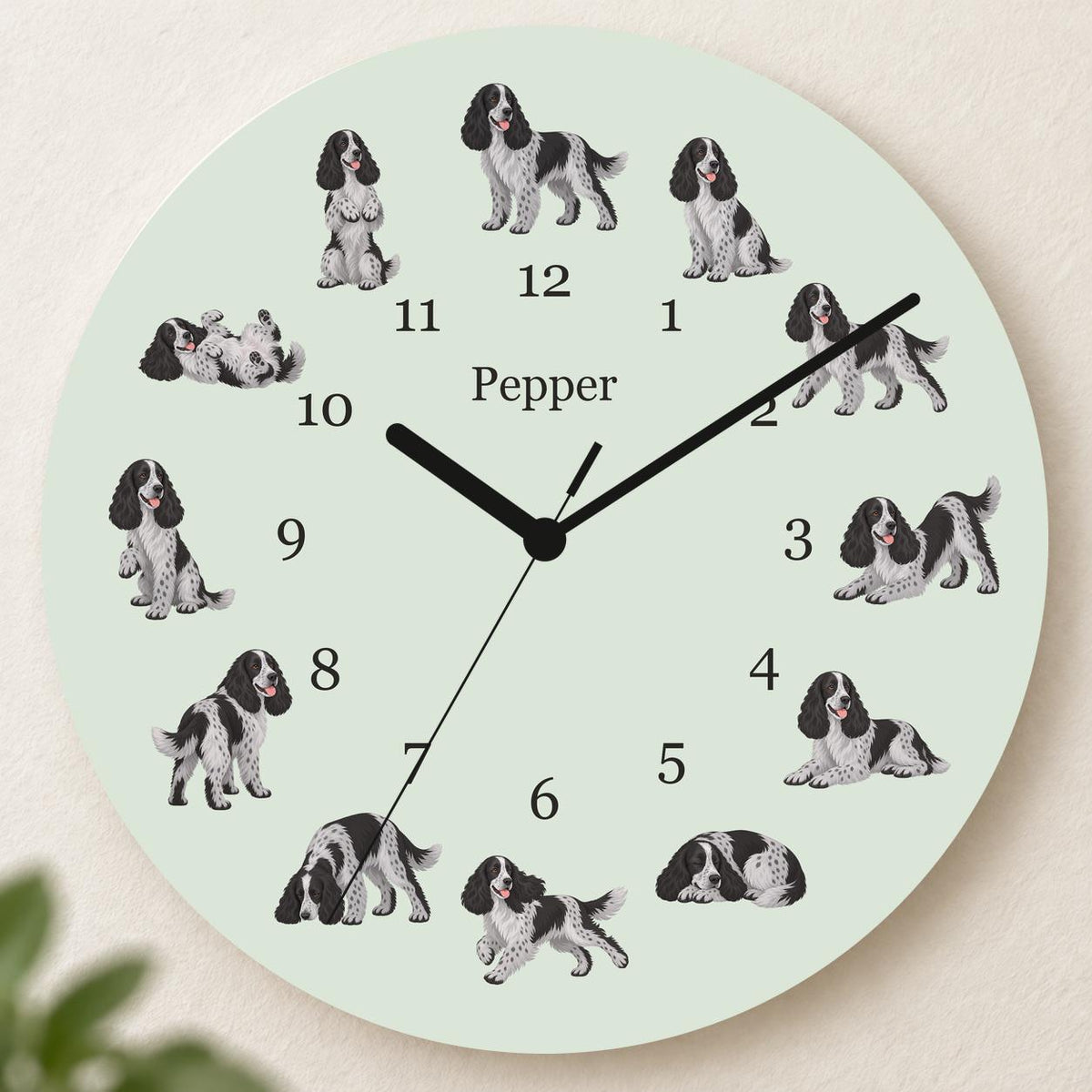 Personalized English Cocker Spaniel wooden wall clock with example name Pepper; hero