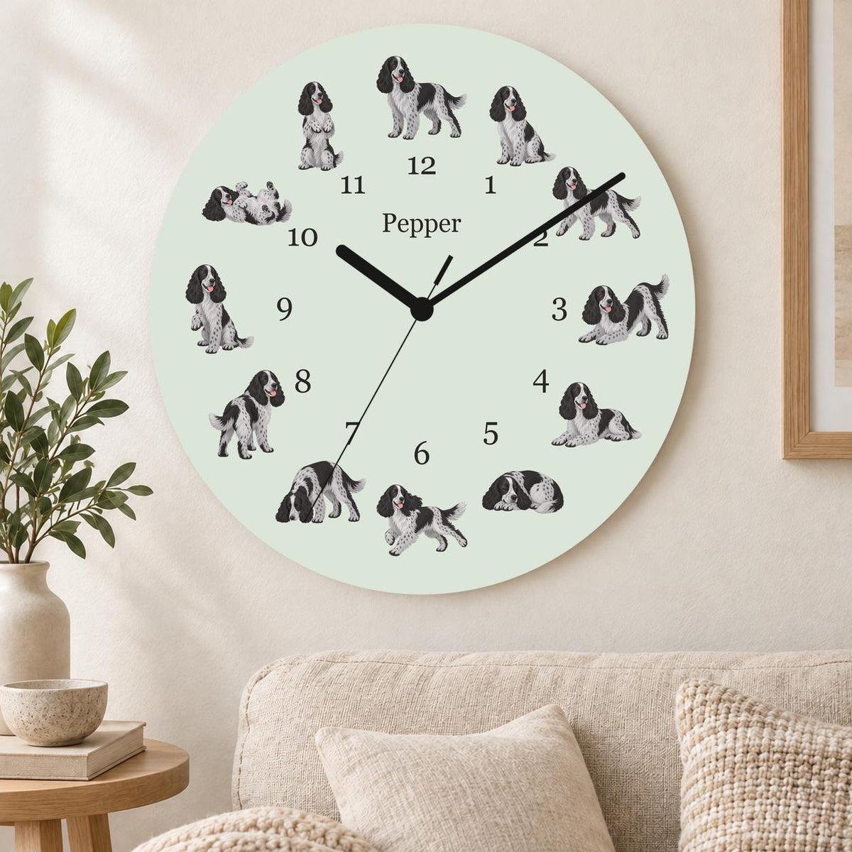 Personalized English Cocker Spaniel wooden wall clock with example name Pepper; living room