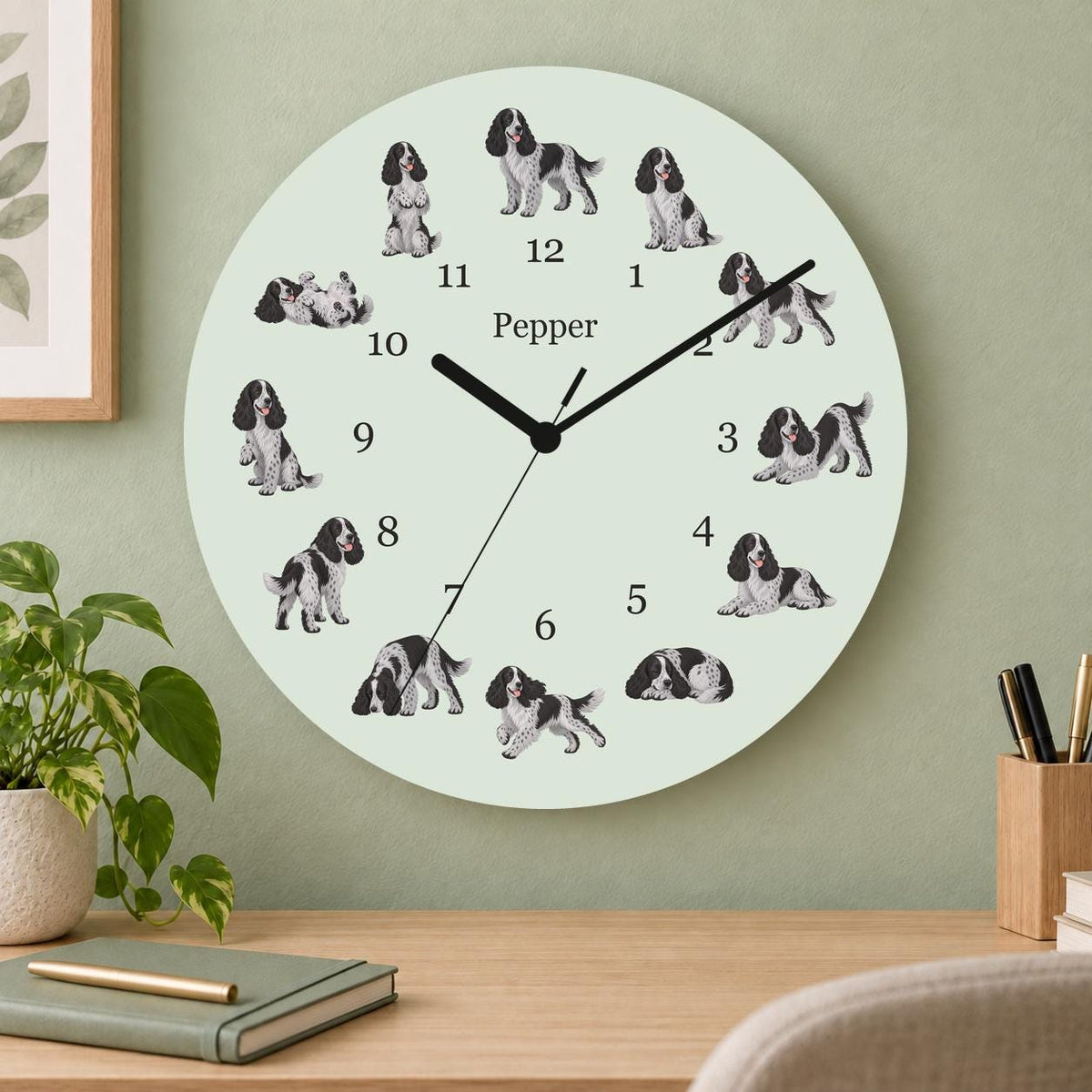 Personalized English Cocker Spaniel wooden wall clock with example name Pepper; home office