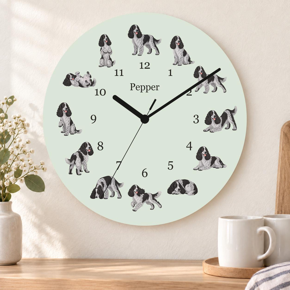 Personalized English Cocker Spaniel wooden wall clock with example name Pepper; kitchen