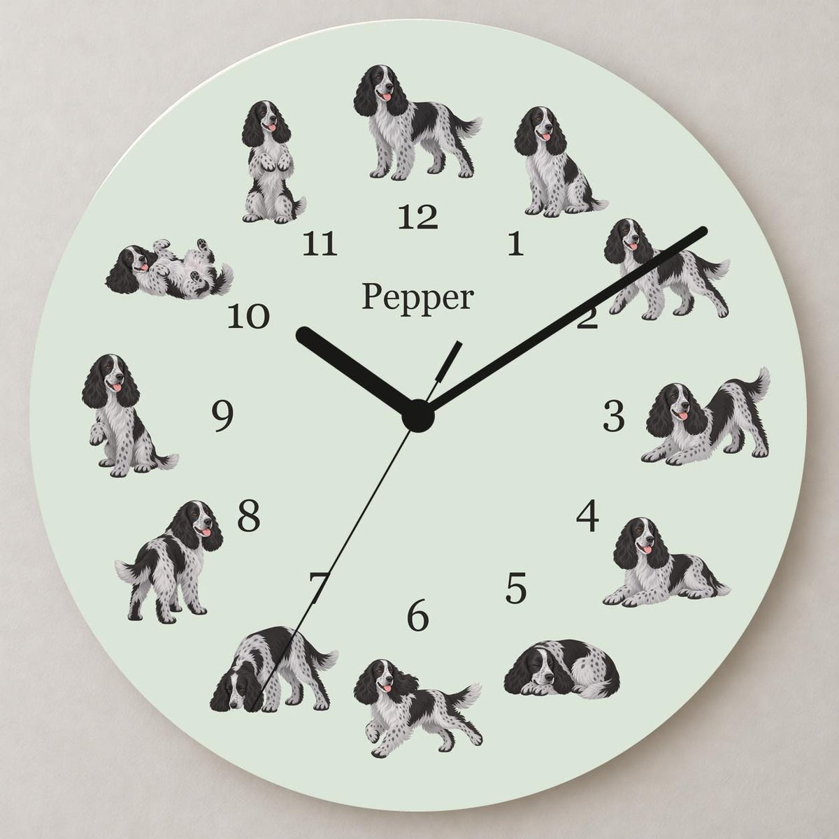 Personalized English Cocker Spaniel wooden wall clock with example name Pepper; close up