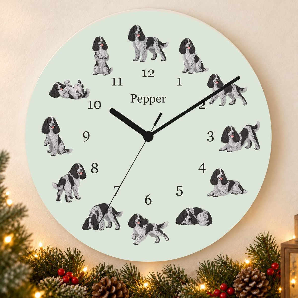 Personalized English Cocker Spaniel wooden wall clock with example name Pepper; holiday