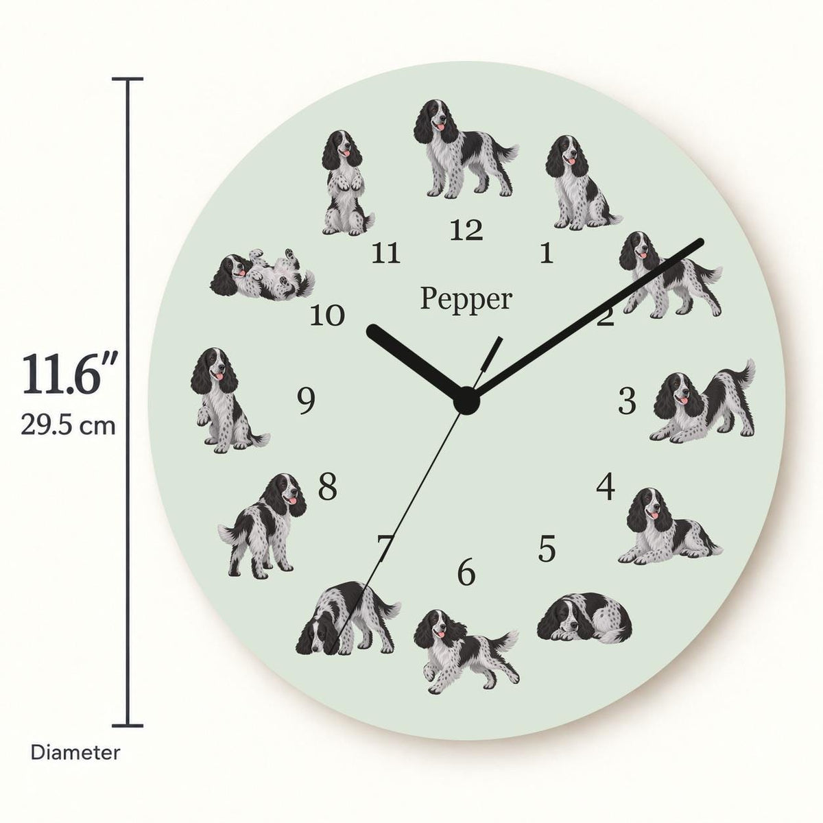 Personalized English Cocker Spaniel wooden wall clock with example name Pepper; size