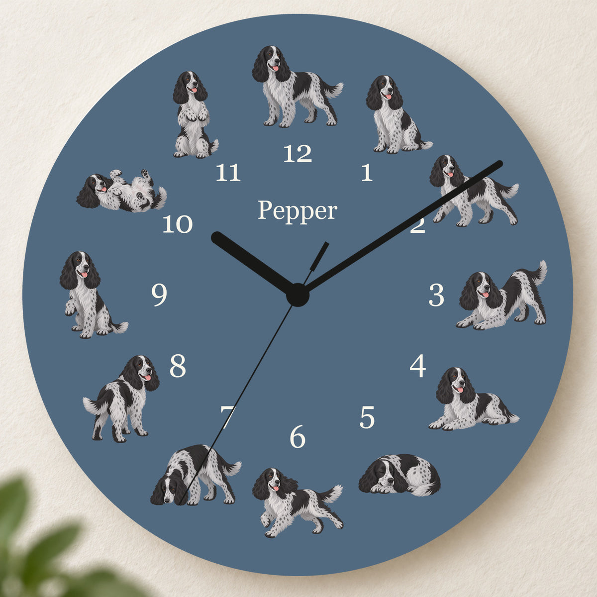 Personalized English Cocker Spaniel Wall Clock, Custom Pet Name, 11.6 Inch Wooden Clock — Muted Denim background