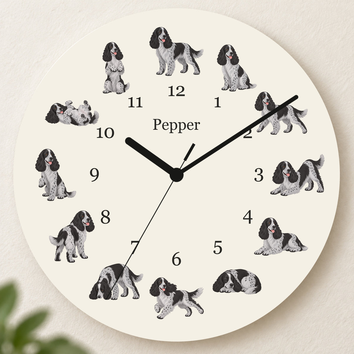 Personalized English Cocker Spaniel Wall Clock, Custom Pet Name, 11.6 Inch Wooden Clock — Warm Ivory background