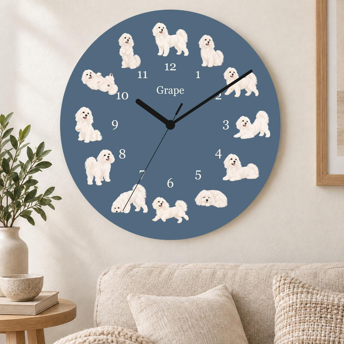 Personalized Maltese wooden wall clock with example name Grape; living room