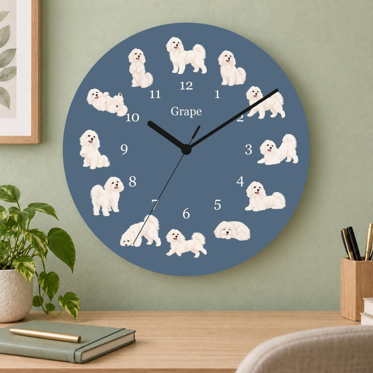 Personalized Maltese wooden wall clock with example name Grape; home office
