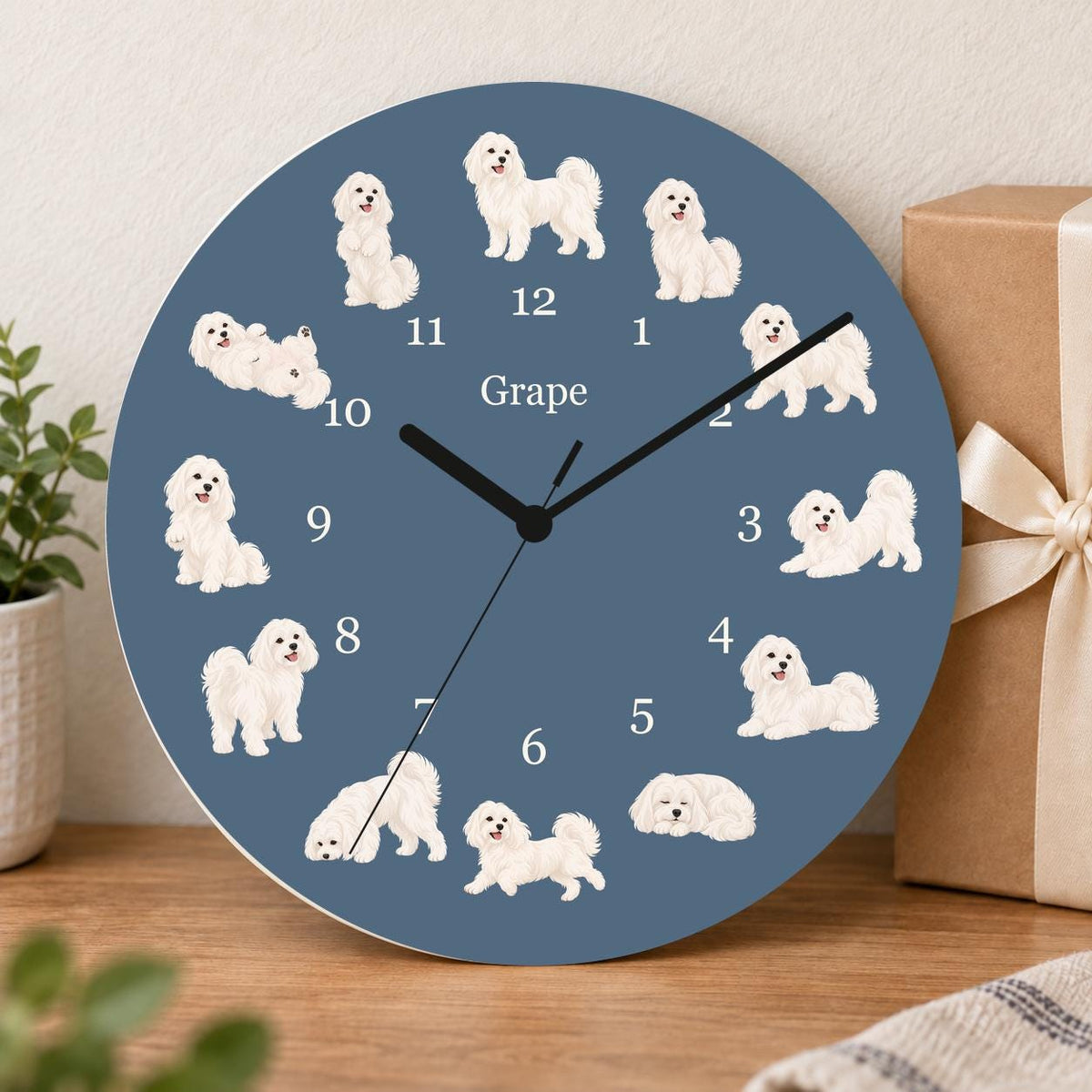 Personalized Maltese wooden wall clock with example name Grape; gift