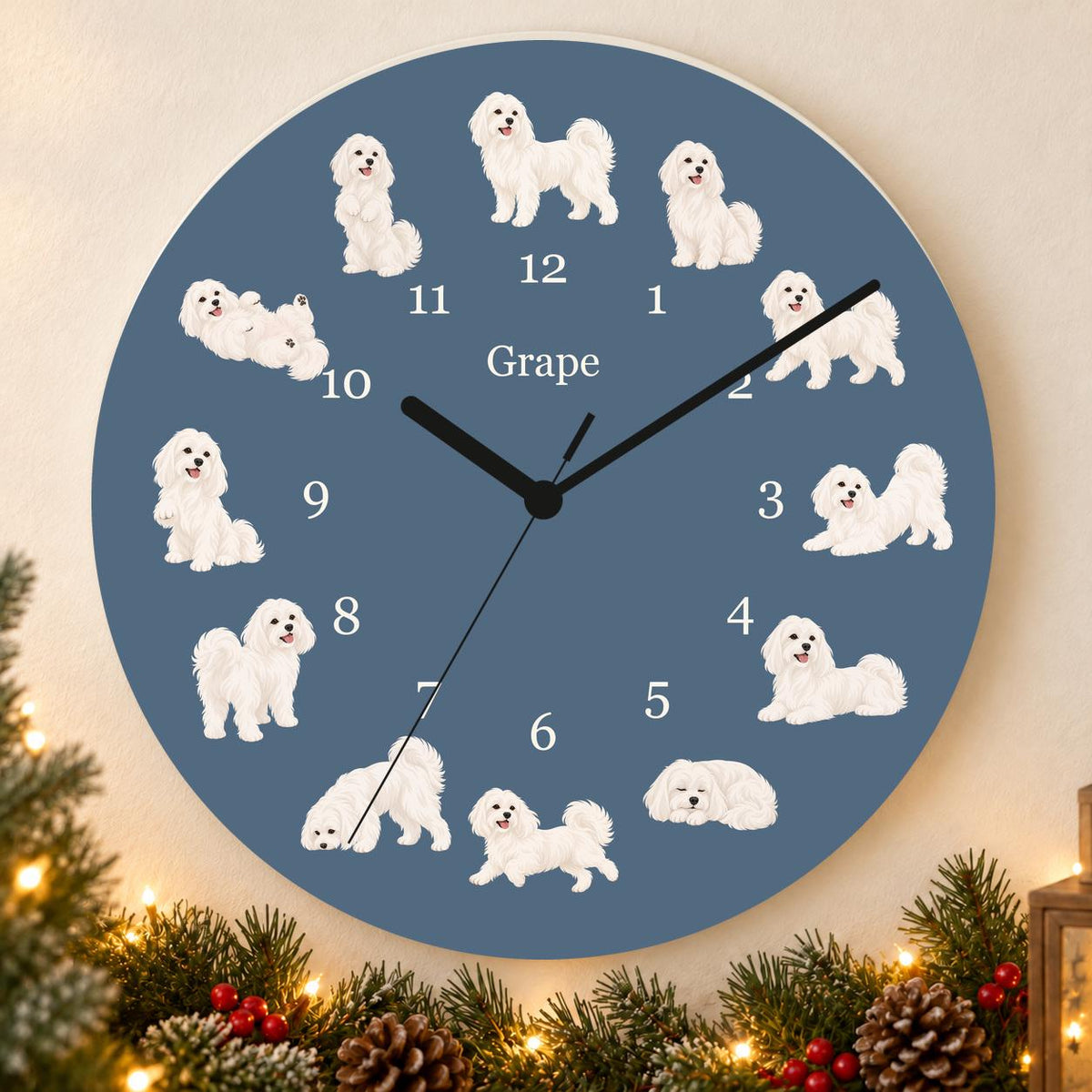 Personalized Maltese wooden wall clock with example name Grape; holiday