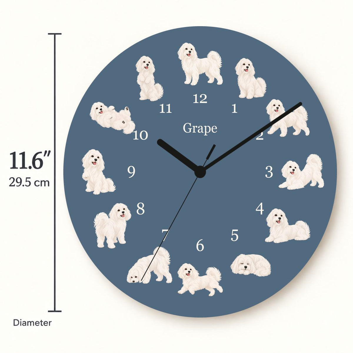 Personalized Maltese wooden wall clock with example name Grape; size