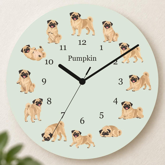 Personalized Pug wooden wall clock with example name Pumpkin; hero