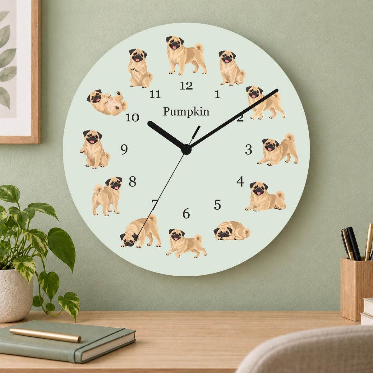 Personalized Pug wooden wall clock with example name Pumpkin; home office