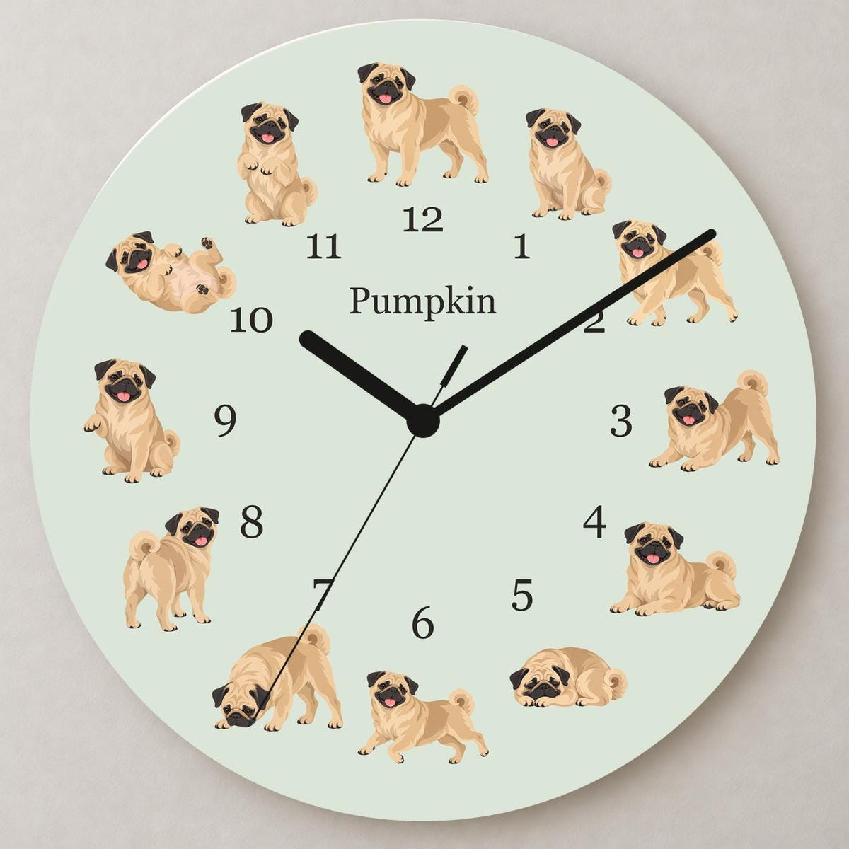 Personalized Pug wooden wall clock with example name Pumpkin; close up