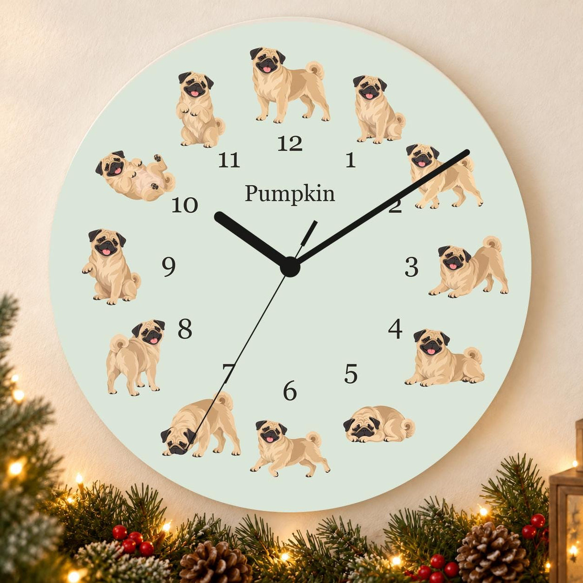Personalized Pug wooden wall clock with example name Pumpkin; holiday