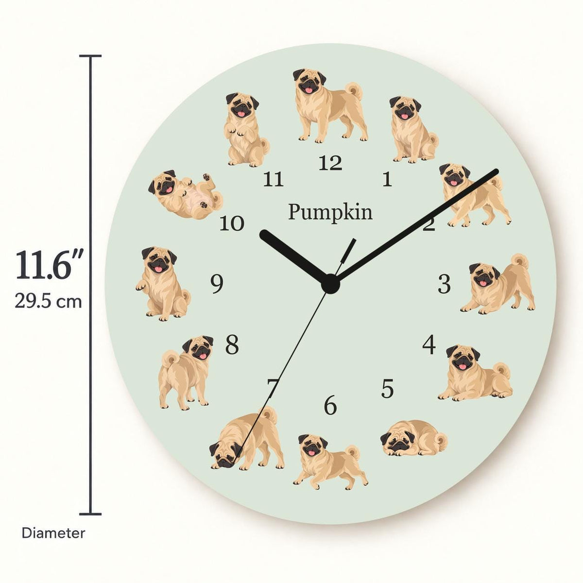 Personalized Pug wooden wall clock with example name Pumpkin; size