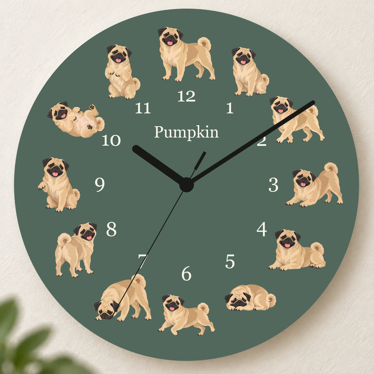 Personalized Pug Wall Clock, Custom Pet Name, 11.6 Inch Wooden Clock — Deep Sage background