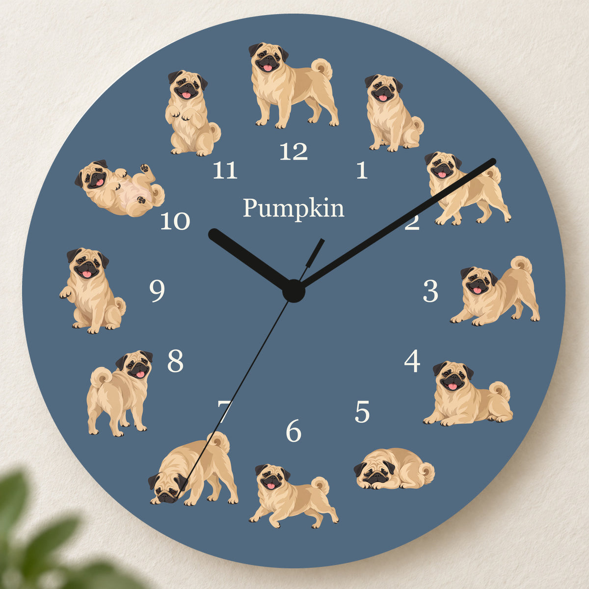 Personalized Pug Wall Clock, Custom Pet Name, 11.6 Inch Wooden Clock — Muted Denim background